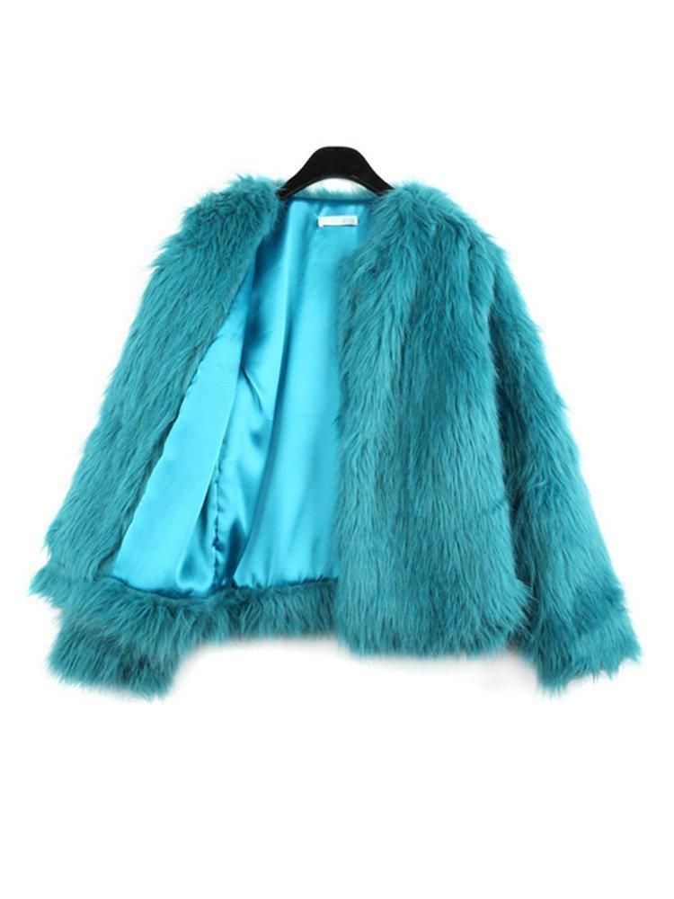 Fashion Pure Color Long Sleeve Faux Fur Coats For Women