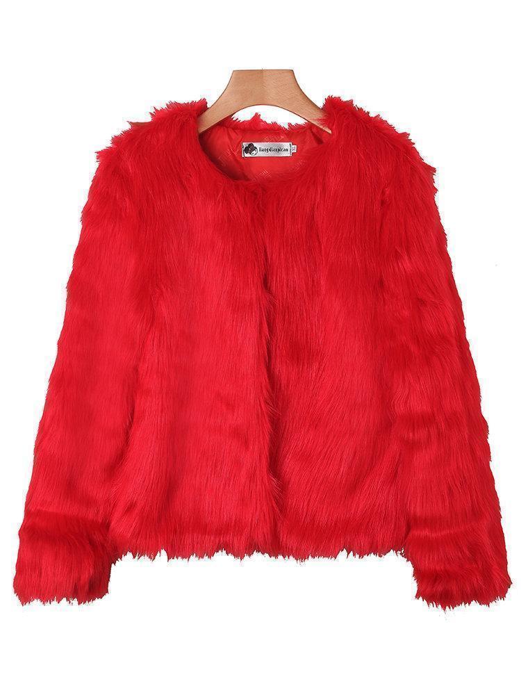 Fashion Pure Color Long Sleeve Faux Fur Coats For Women