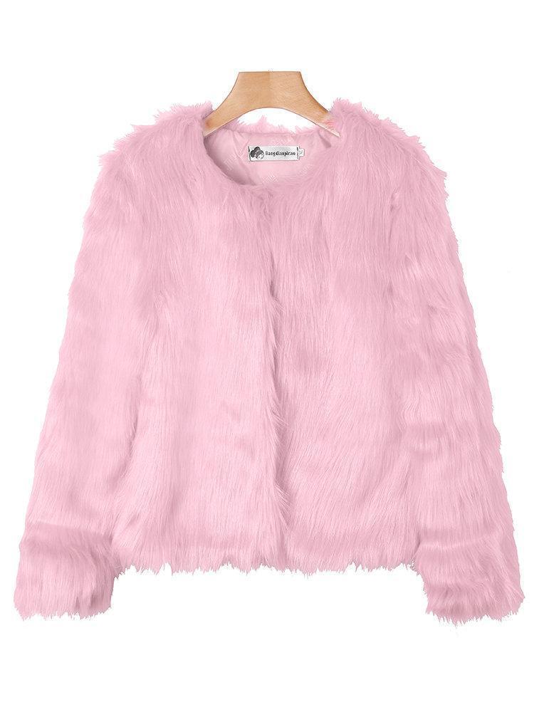 Fashion Pure Color Long Sleeve Faux Fur Coats For Women