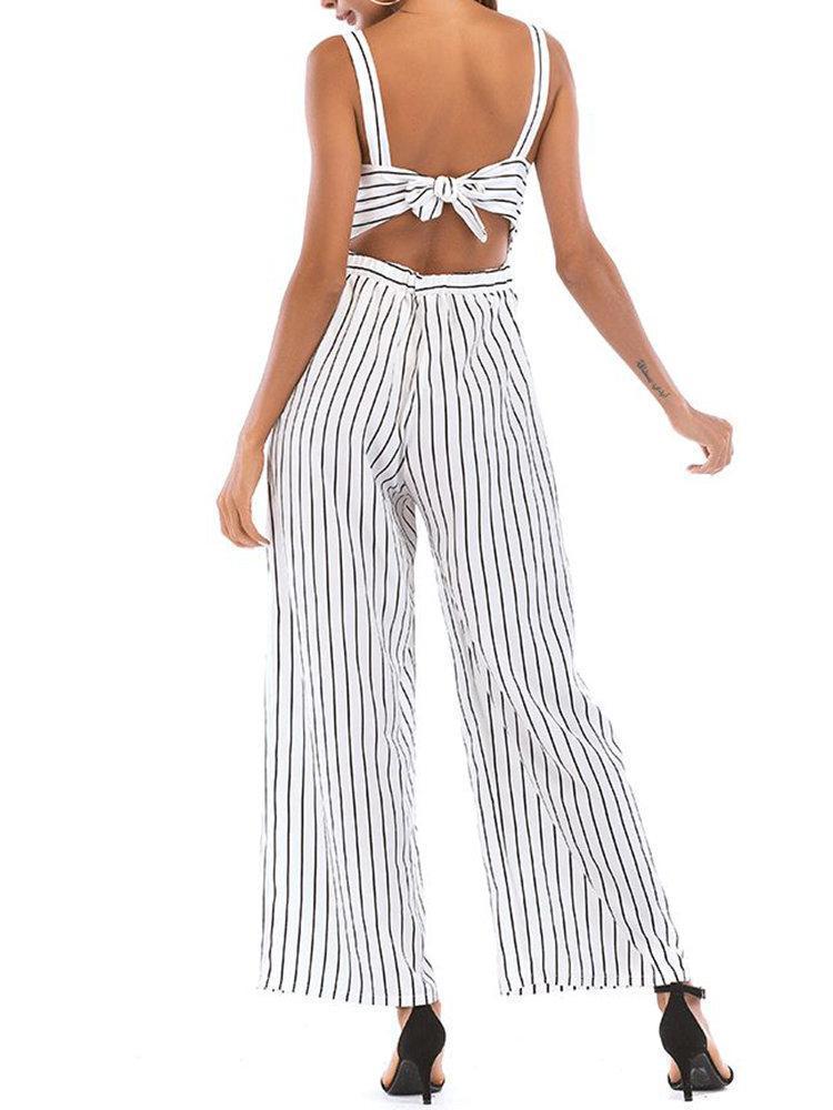 Sexy Backless Stripe High Waist Long Jumpsuits