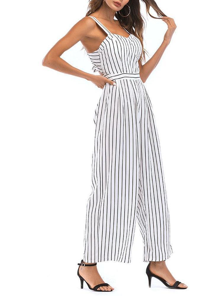 Sexy Backless Stripe High Waist Long Jumpsuits