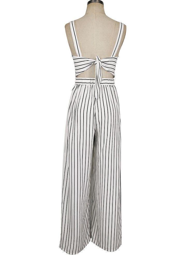 Sexy Backless Stripe High Waist Long Jumpsuits