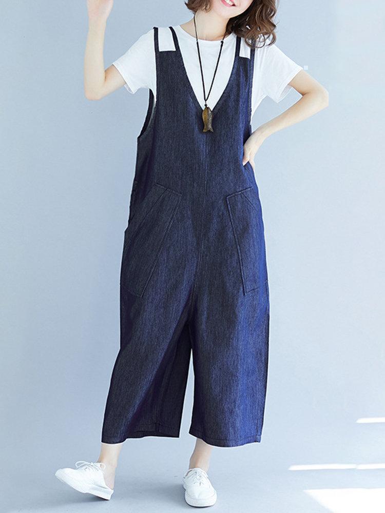 Solid Color Wide Leg Loose Denim Casual Rompers