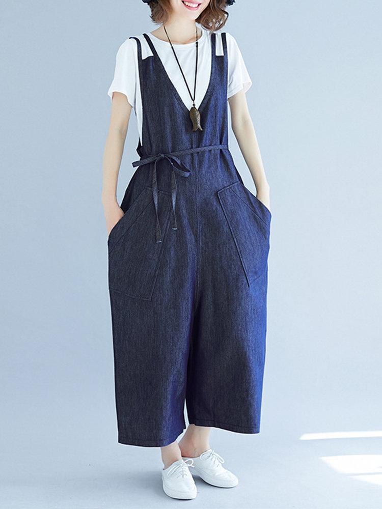 Solid Color Wide Leg Loose Denim Casual Rompers