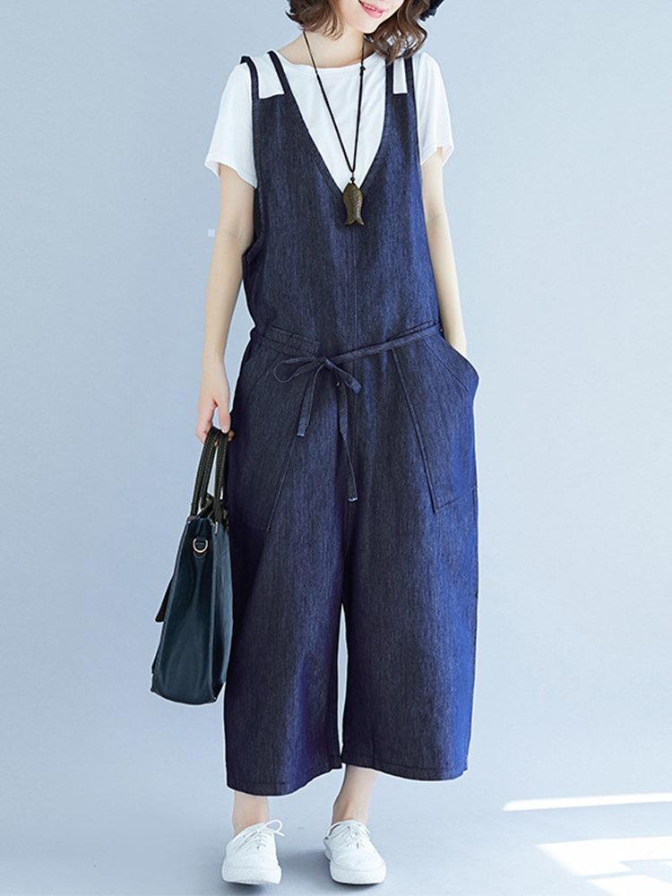 Solid Color Wide Leg Loose Denim Casual Rompers