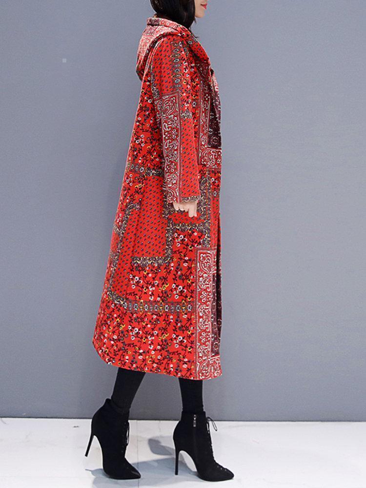 Hooded Floral Ethnic Print Long Sleeve Vintage Coat