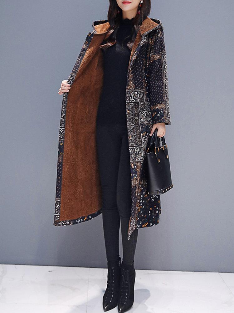 Hooded Floral Ethnic Print Long Sleeve Vintage Coat