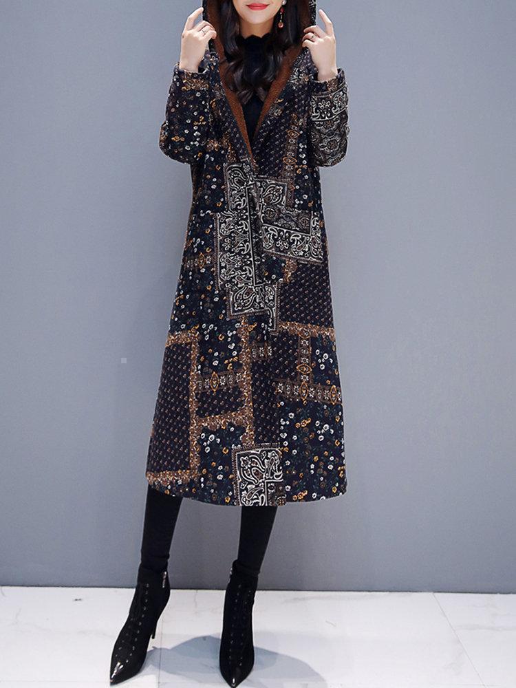 Hooded Floral Ethnic Print Long Sleeve Vintage Coat