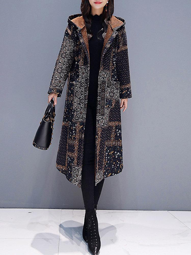 Hooded Floral Ethnic Print Long Sleeve Vintage Coat