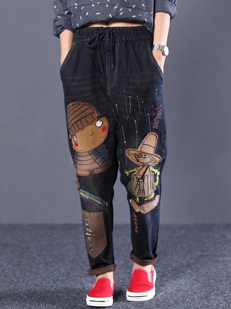 Cartoon Embroidered Drawstring Waist Vintage Denim