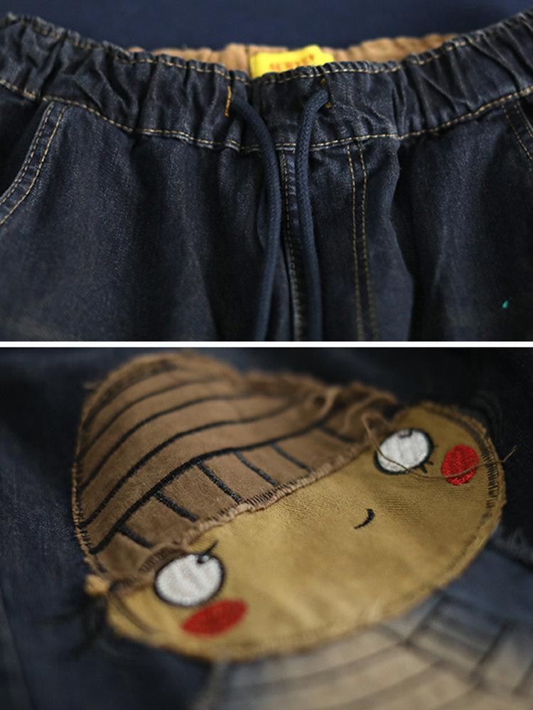 Cartoon Embroidered Drawstring Waist Vintage Denim