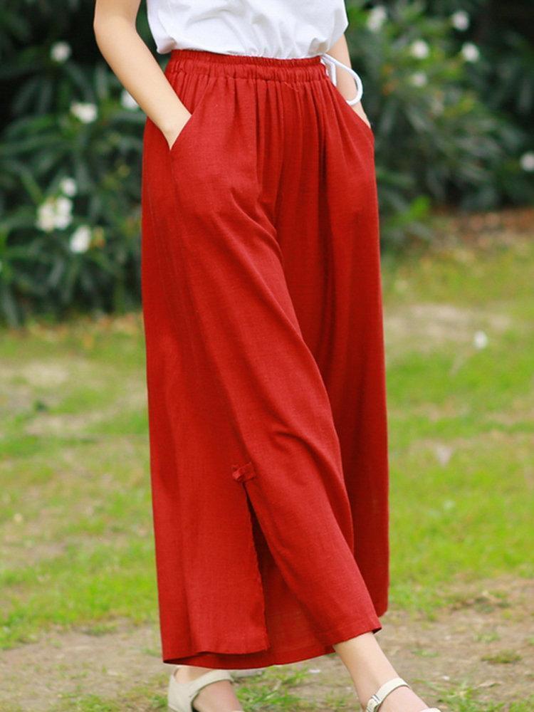 Side Splited Solid Color Tassels Elastic Waist Vintage Pants