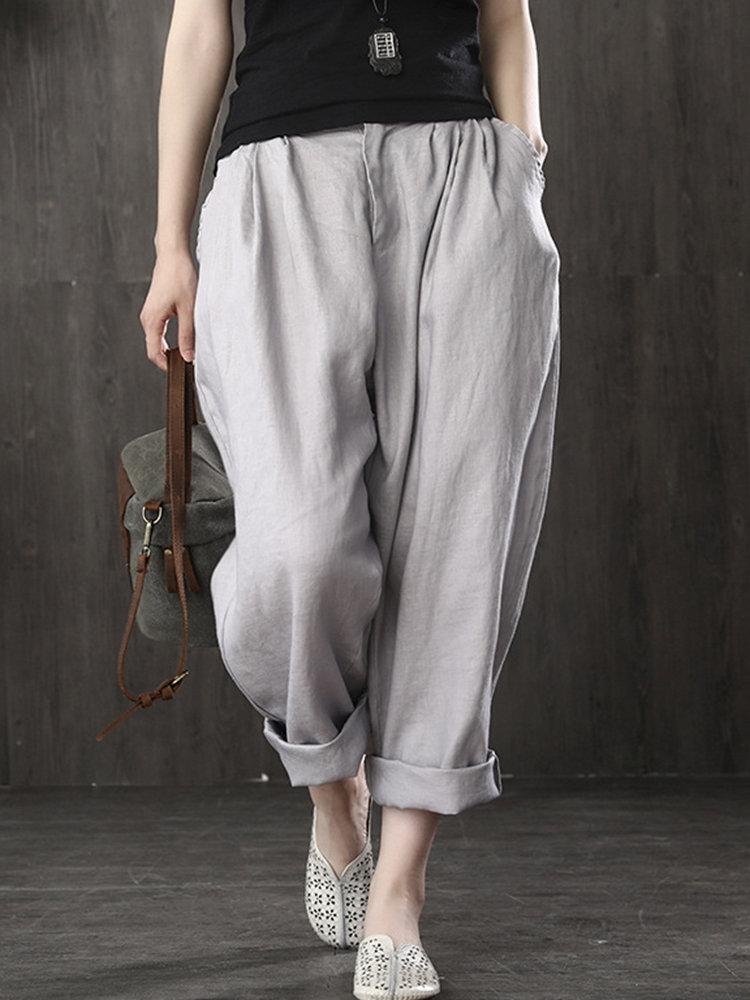 Loose Elastic Waist Button Solid Color Casual Pants