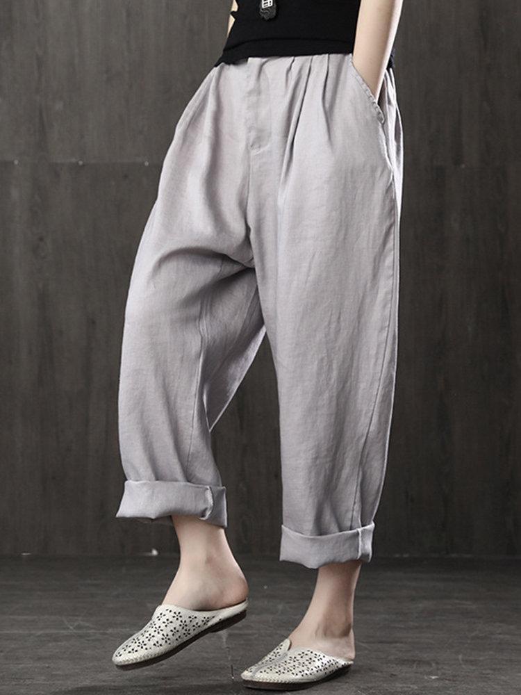 Loose Elastic Waist Button Solid Color Casual Pants