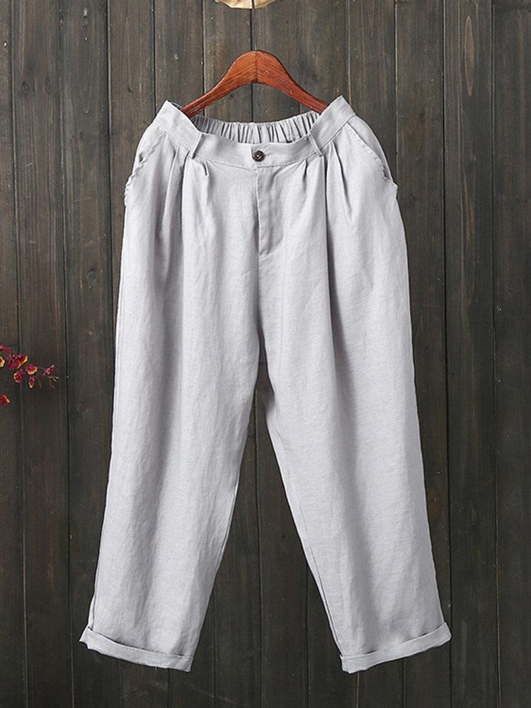 Loose Elastic Waist Button Solid Color Casual Pants