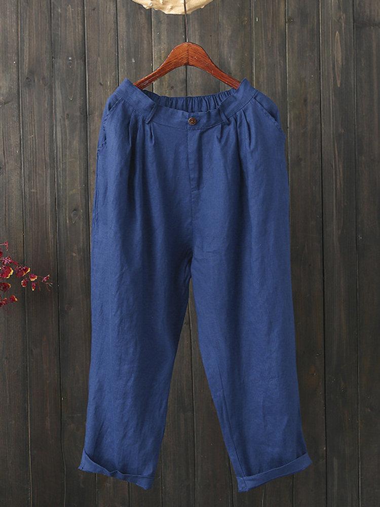 Loose Elastic Waist Button Solid Color Casual Pants