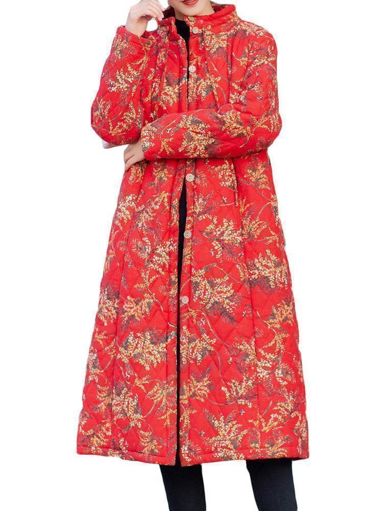 Vintage Floral Single Breasted Button Drawstring Linen Coat