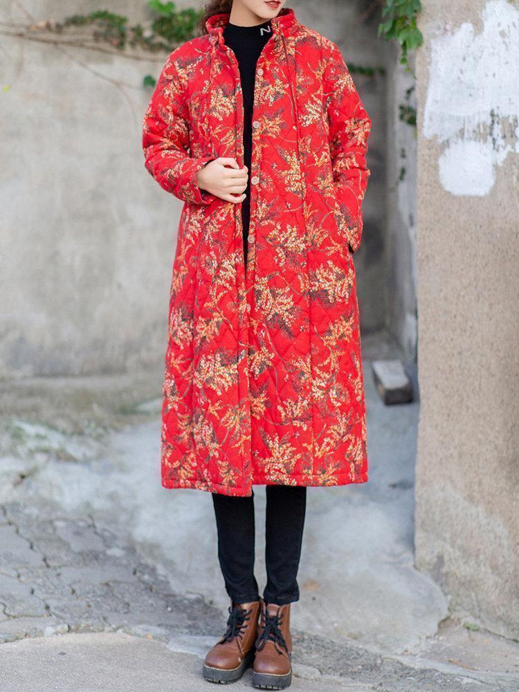 Vintage Floral Single Breasted Button Drawstring Linen Coat