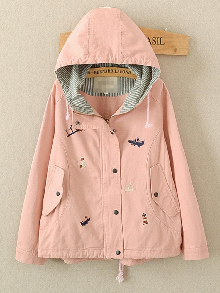 Hooded Cartoon Embroidered Long Sleeve Casual Coat