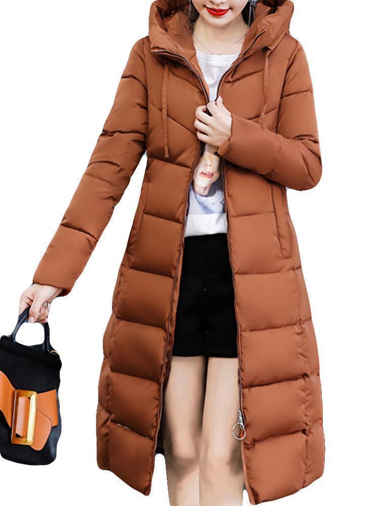 Solid Color Zipper Hooded Long Sleeve Warm Coat