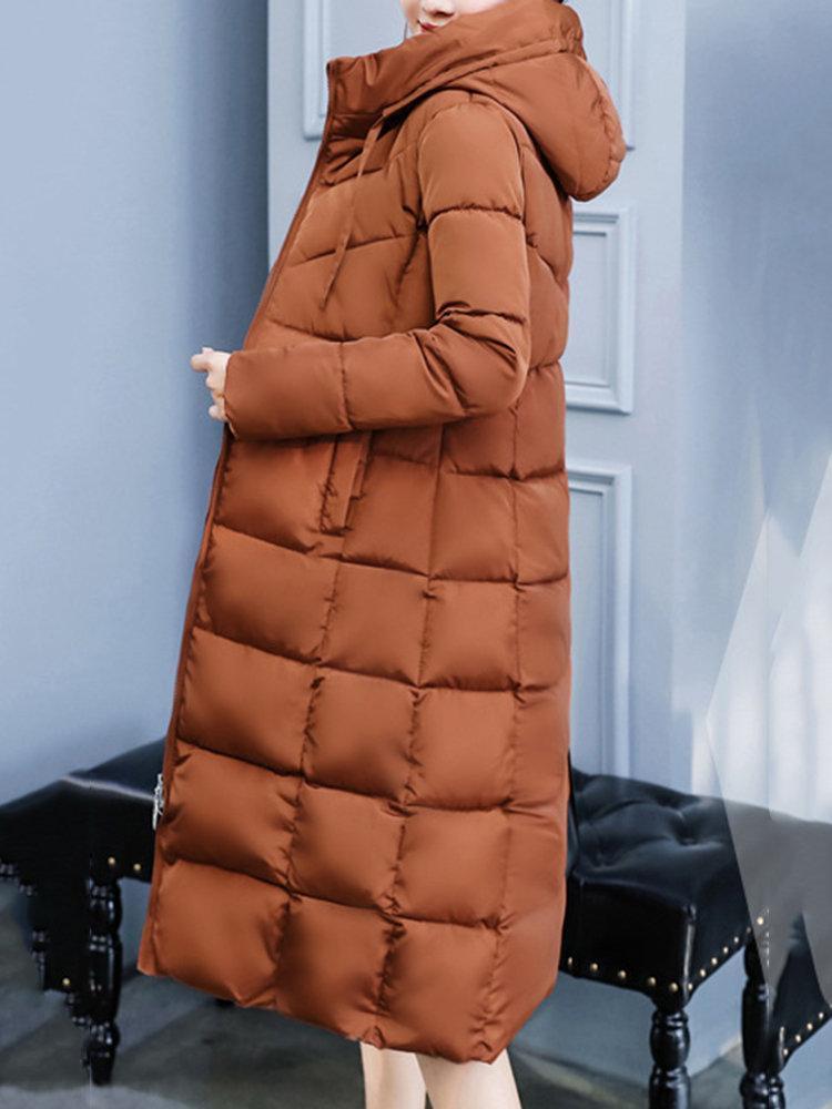 Solid Color Zipper Hooded Long Sleeve Warm Coat