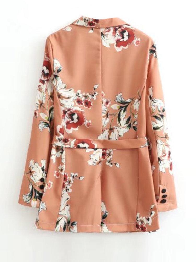 Vintage Floral Print Tie Waist Lapel Long Sleeve Women Jackets