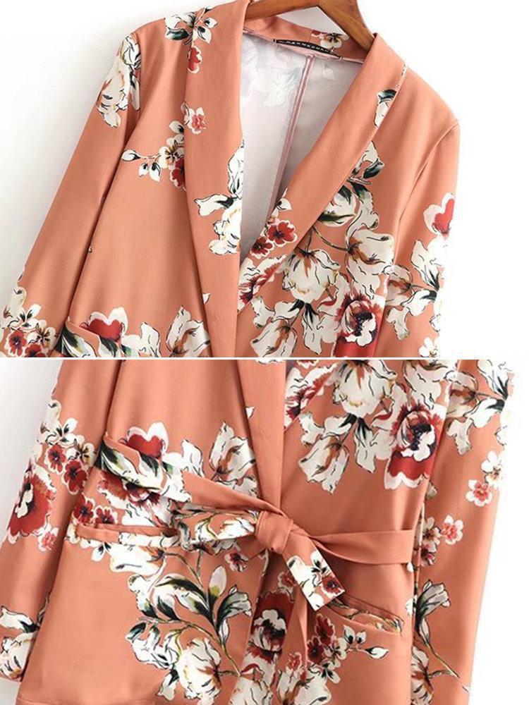 Vintage Floral Print Tie Waist Lapel Long Sleeve Women Jackets