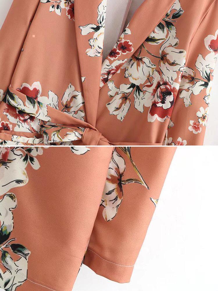 Vintage Floral Print Tie Waist Lapel Long Sleeve Women Jackets