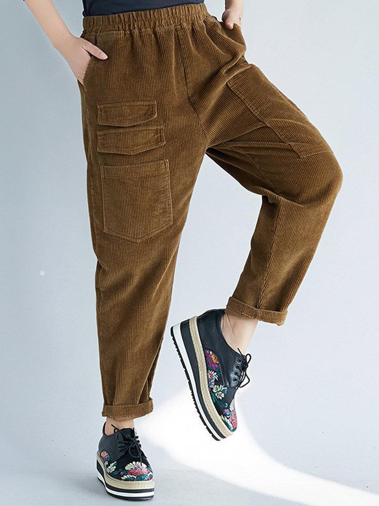 Patchwork Solid Color Pockets Corduroy Casual Pants