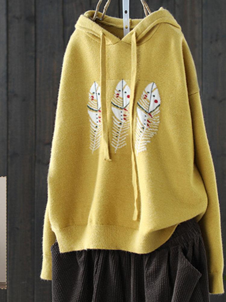 Casual Leaves Print Hooded Loose Long Sleeve Women Sweaters