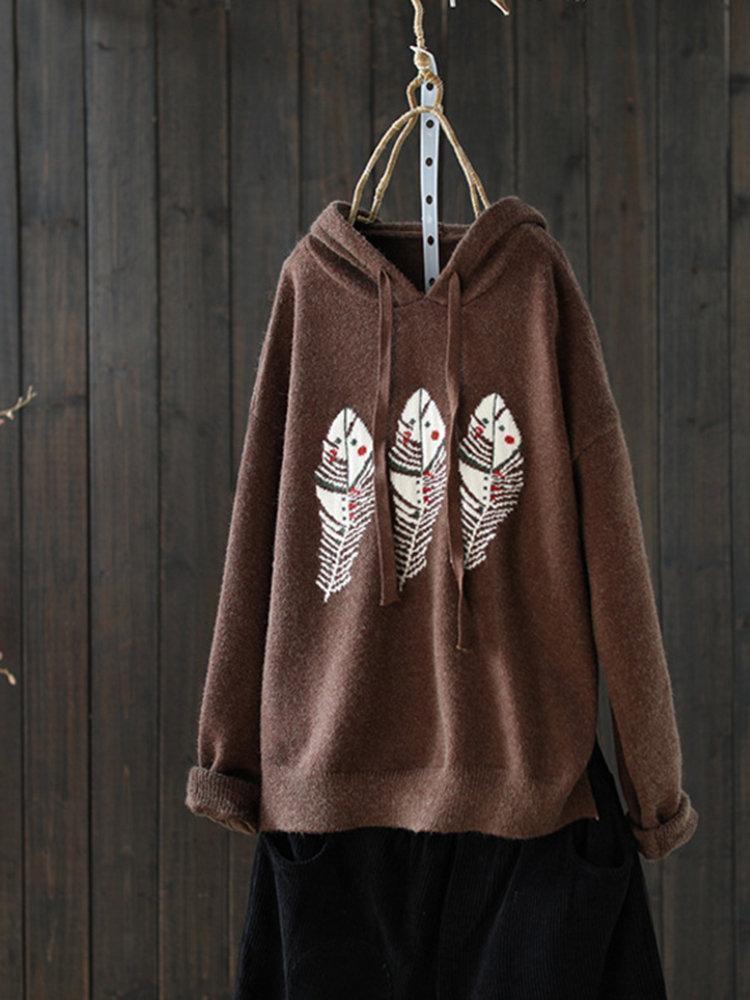 Casual Leaves Print Hooded Loose Long Sleeve Women Sweaters