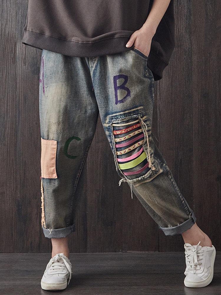 Vintage Patchwork Letter Elastic Waist Denim