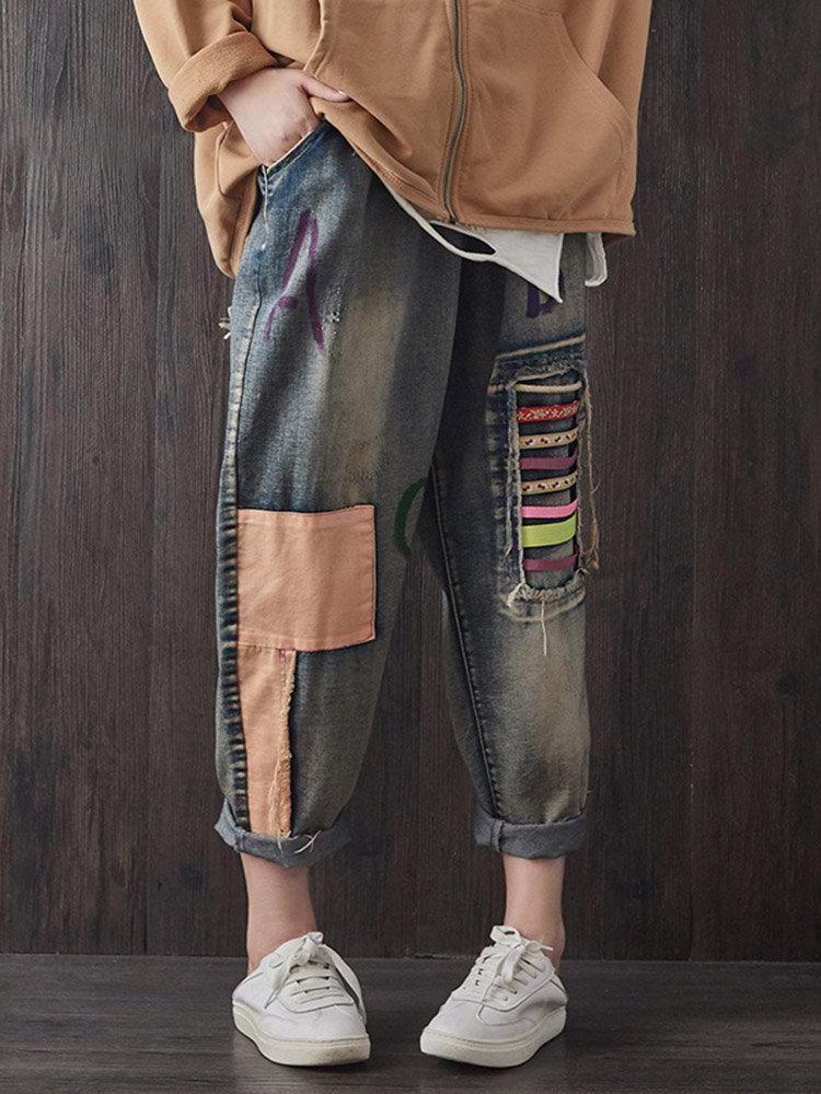 Vintage Patchwork Letter Elastic Waist Denim