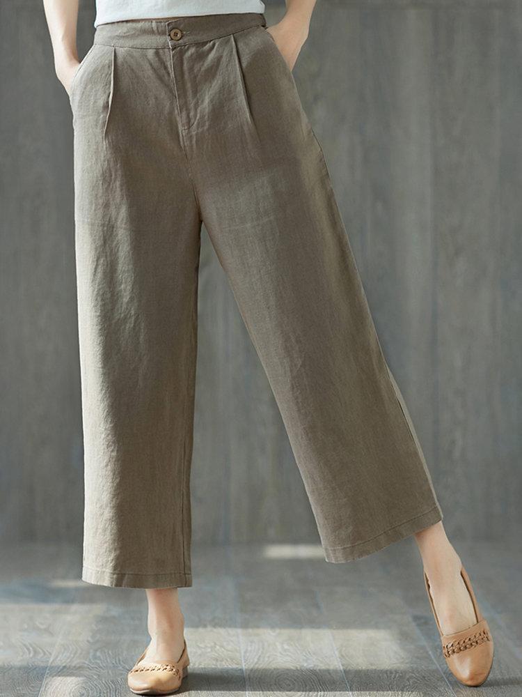 Pure Color Wide Leg Pockets Elastic Waist Casual Pants