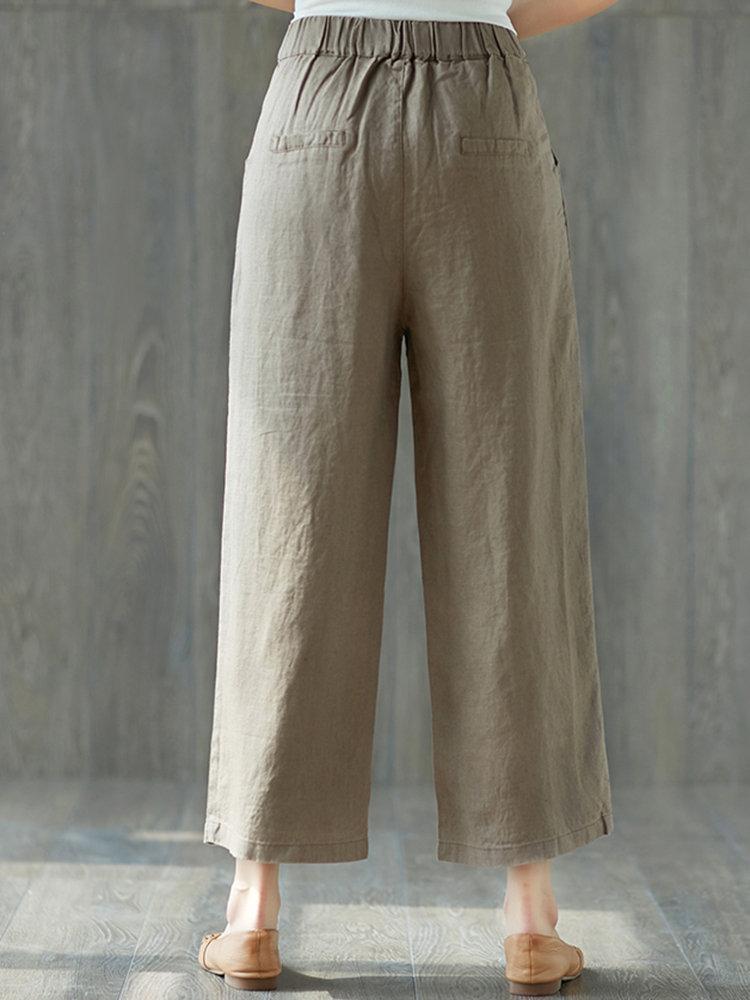 Pure Color Wide Leg Pockets Elastic Waist Casual Pants