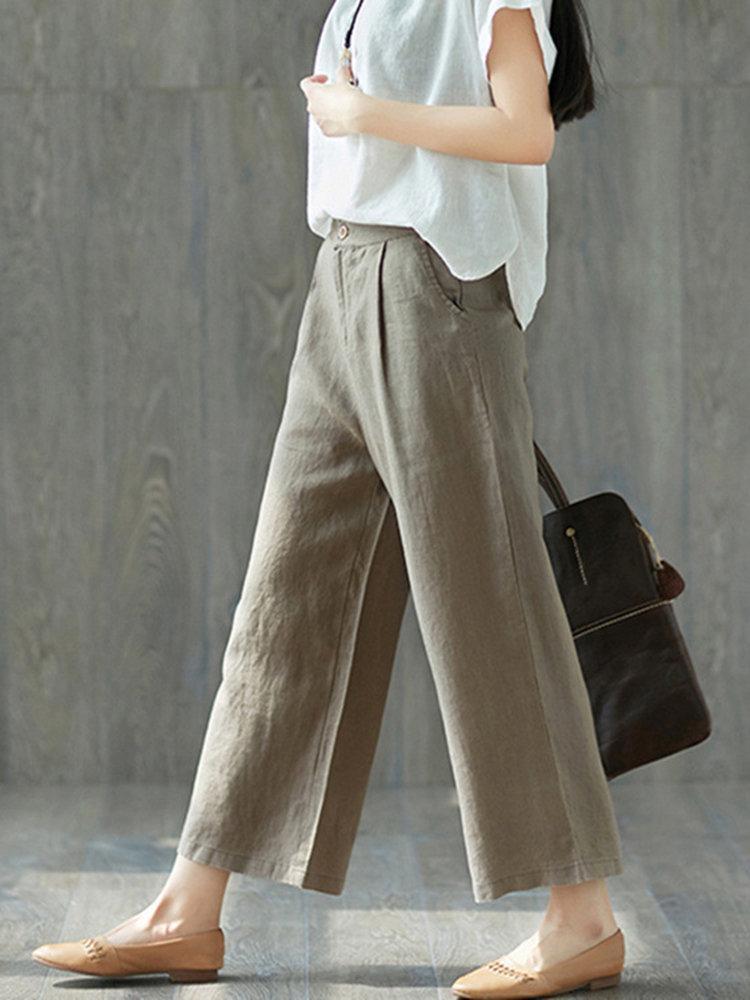 Pure Color Wide Leg Pockets Elastic Waist Casual Pants