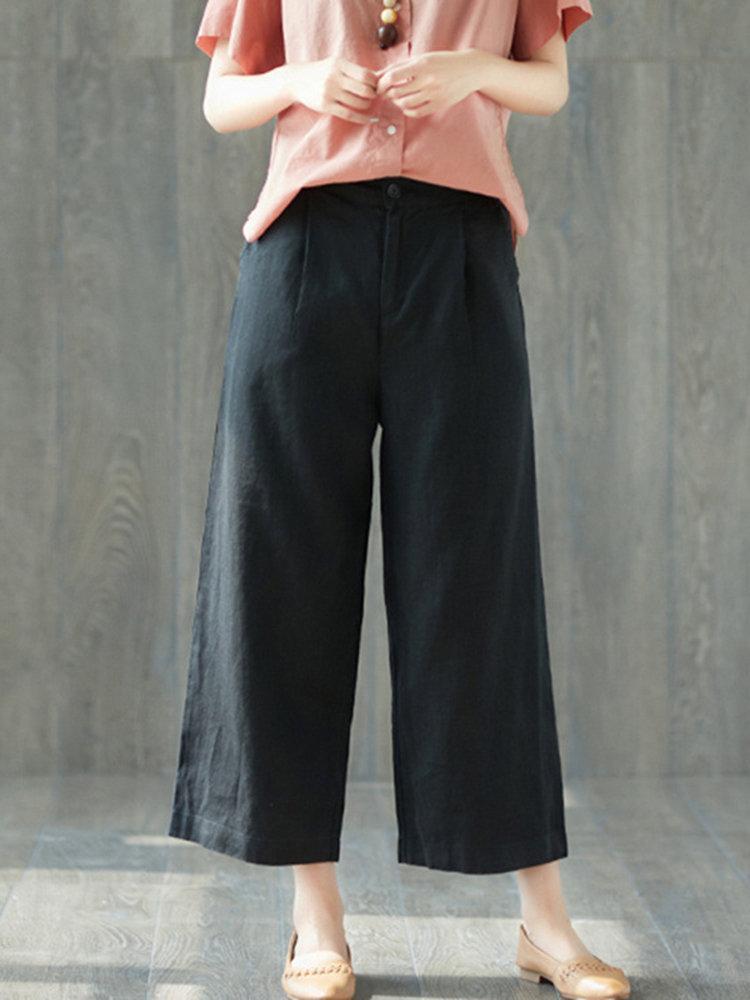 Pure Color Wide Leg Pockets Elastic Waist Casual Pants