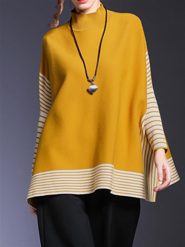 Striped High-neck Bat Sleeve Slit Cloak Sweater