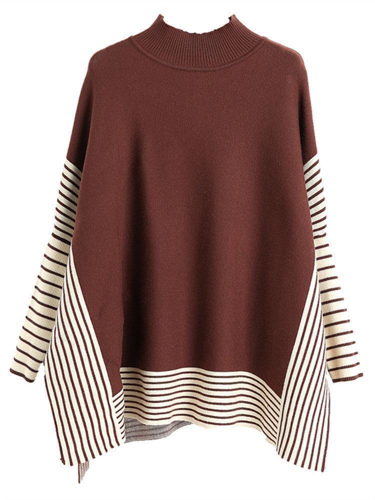 Striped High-neck Bat Sleeve Slit Cloak Sweater