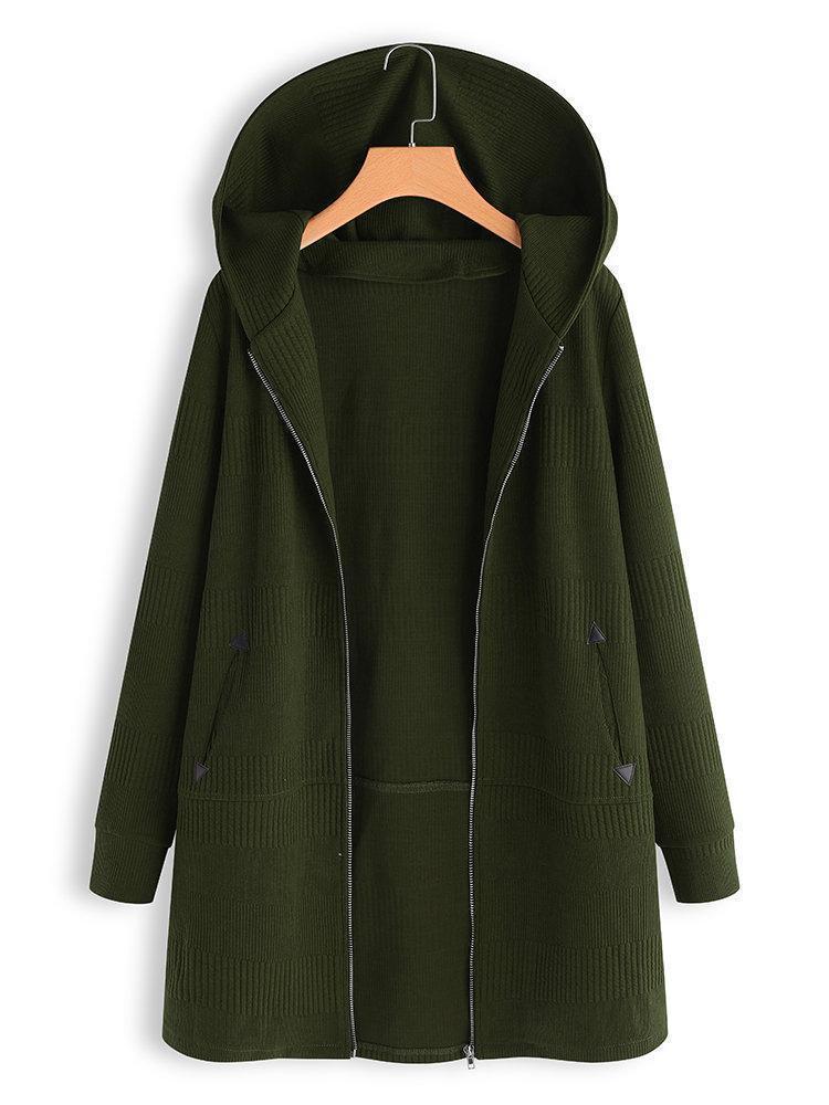 Women Casual Solid Color Long Sleeve Pocket Zipper Autumn Coats