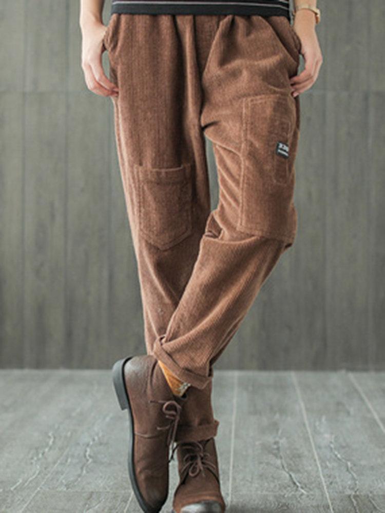 Loose Corduroy Solid Color Elastic Waist Vintage Pants