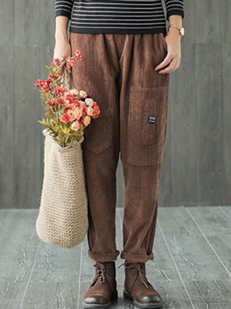 Loose Corduroy Solid Color Elastic Waist Vintage Pants