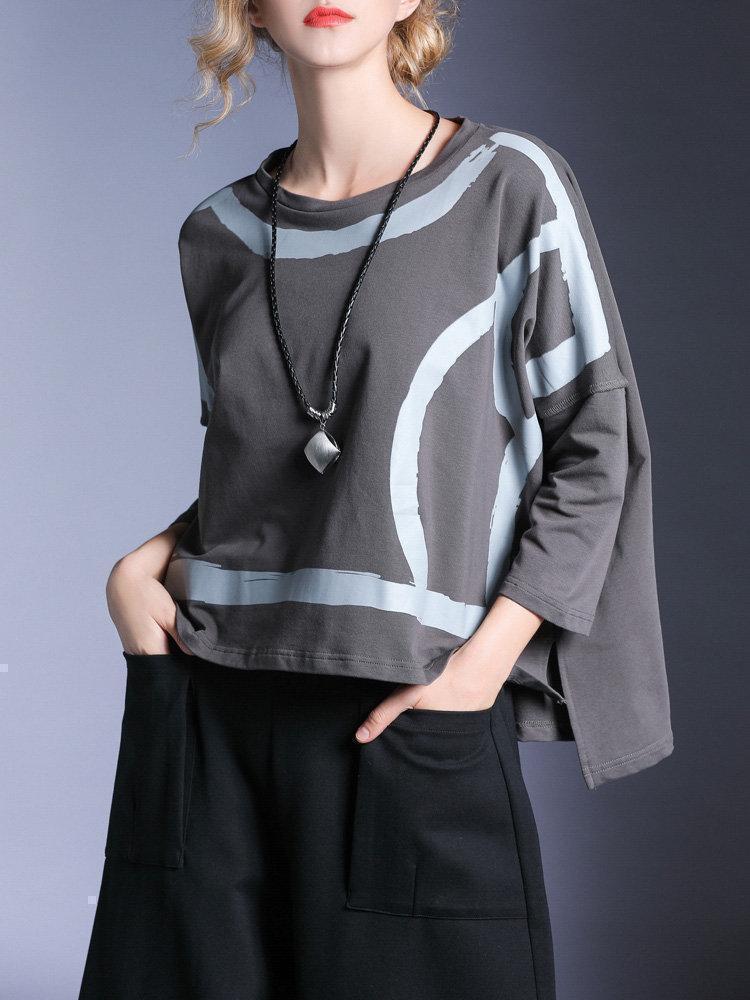 Women Loose Printed Round Neck Asymmetric Sweaters