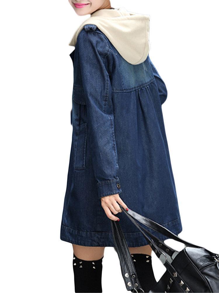 Denim Patchwork Hooded Long Sleeve Coat