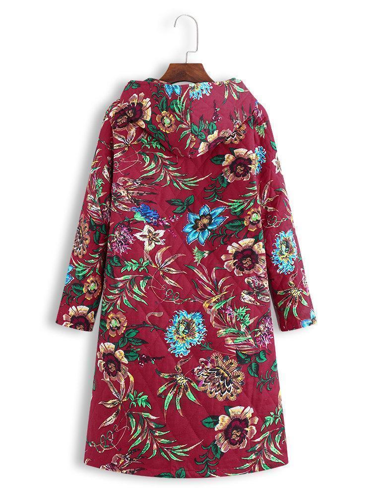 Vintage Hooded Floral Print Long Sleeve Coat