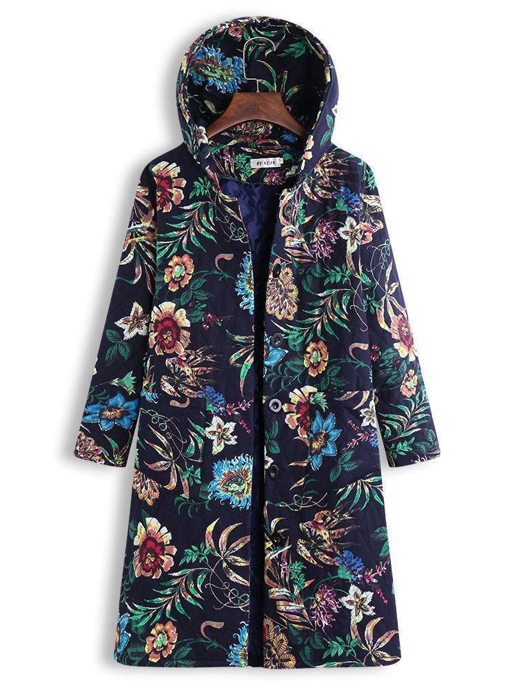 Vintage Hooded Floral Print Long Sleeve Coat