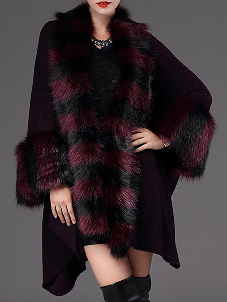 Casual Loose Striped Bats Sleeve Women Faux Fur Coats