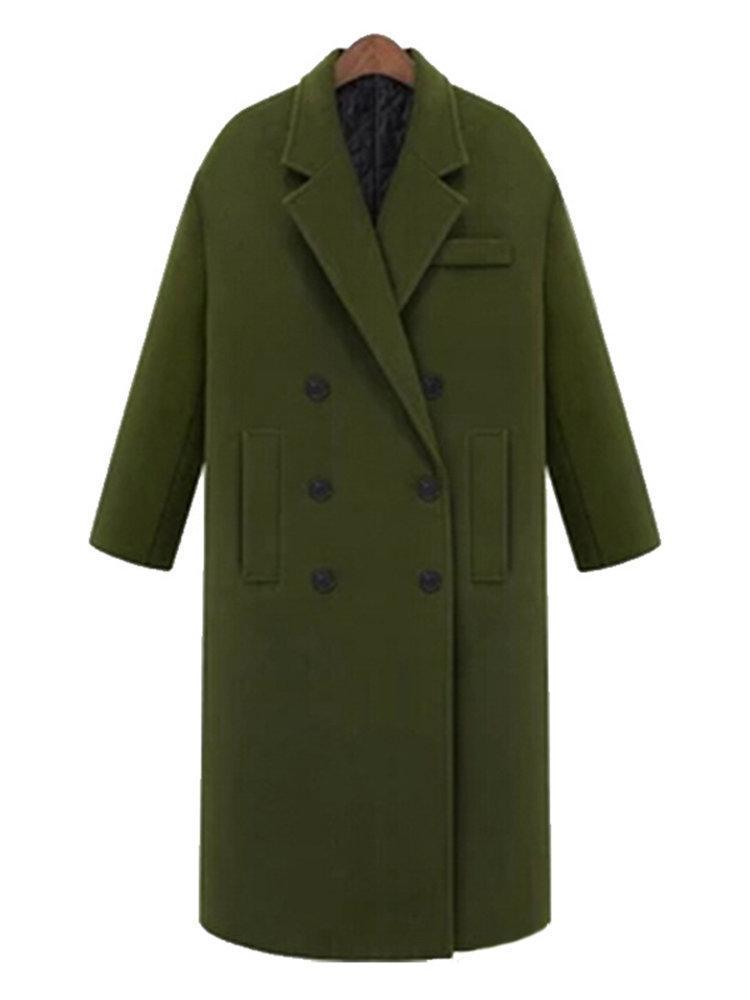 Solid Color Autumn Winter Notch Collar Long Sleeve Straight Coat