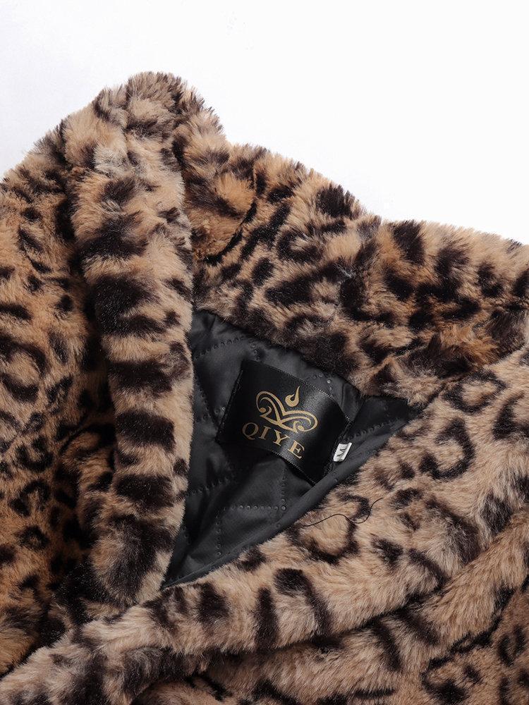 Sexy Leopard Print Lapel Faux Fur Long Sleeve Medium Long Coat