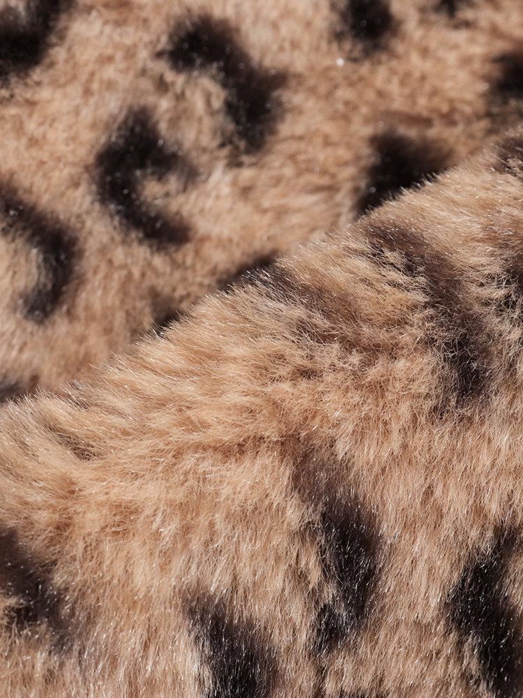 Sexy Leopard Print Lapel Faux Fur Long Sleeve Medium Long Coat